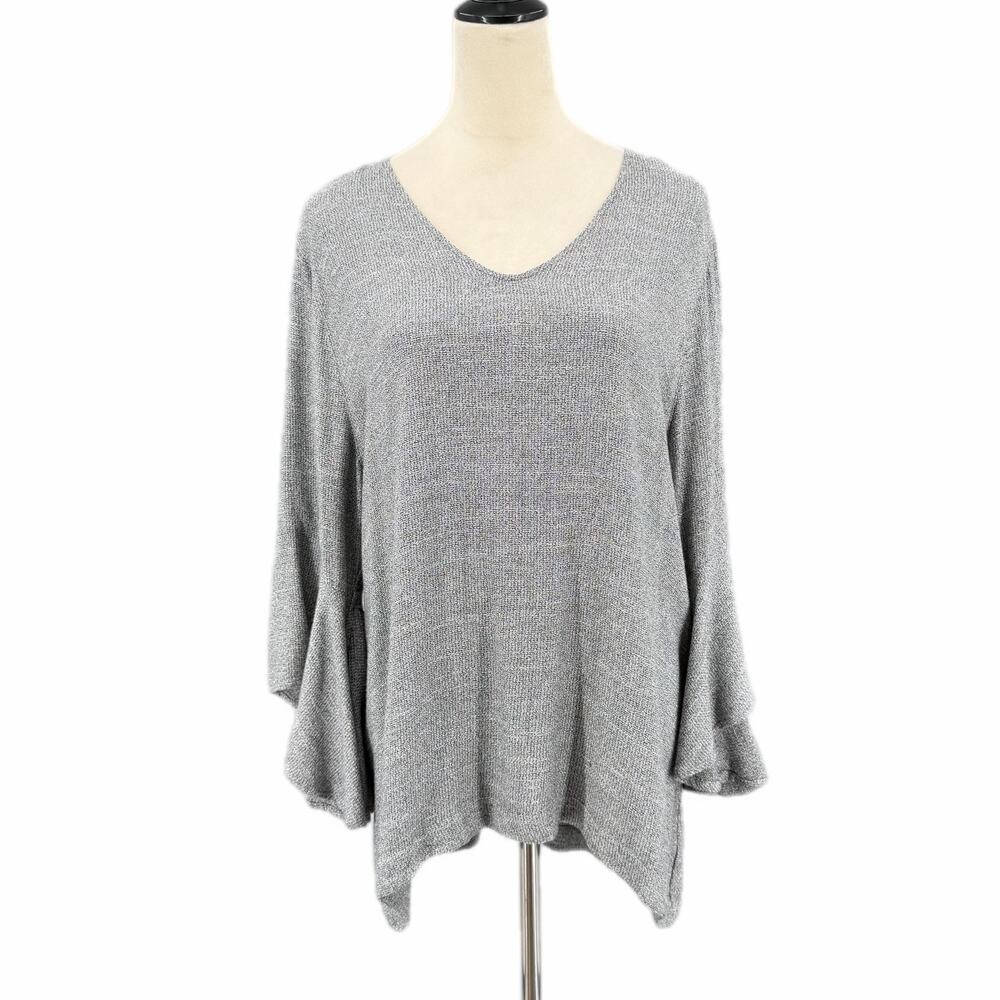 John Mark Black White Marled Bell Sleeve Relaxed Fit Tunic Comfort Workwear Top
